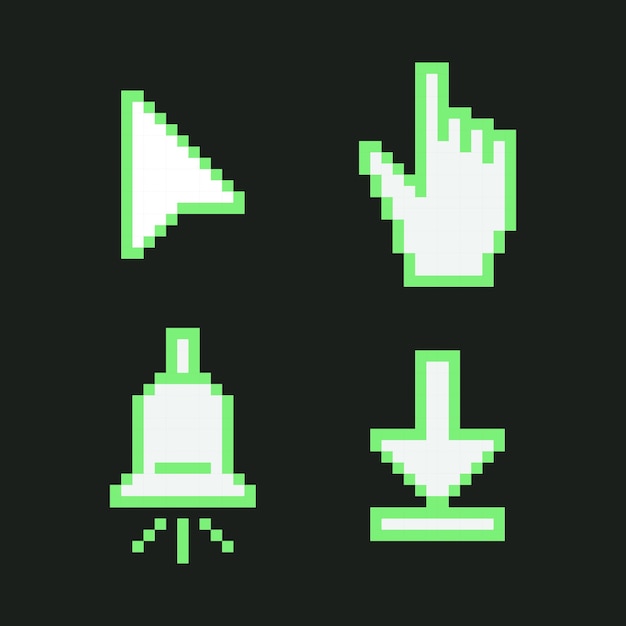 Pixel Art Retro UI icons collection Y2K 8bit mouse click pointer cursor arrow hand bell symbol