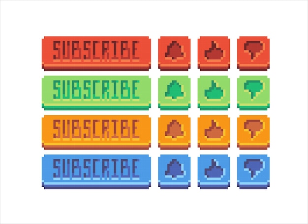 Pixel Art Social Media Buttons Set Subscribe and Like Icons in Various Colors Style User Interface