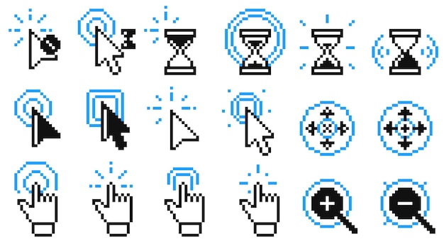 Pixel click icons Vector arrow clicks icon mouse pointer hand touch finger tap target cursor flat style web computer mouse cursor click buttons Vector pixel click icons isolated set