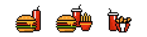 Pixel fast food set Appetizing 8 bit hamburger and soda