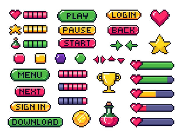 pixel game buttons. games ui, gaming controller arrows and 8 bit pixels button set