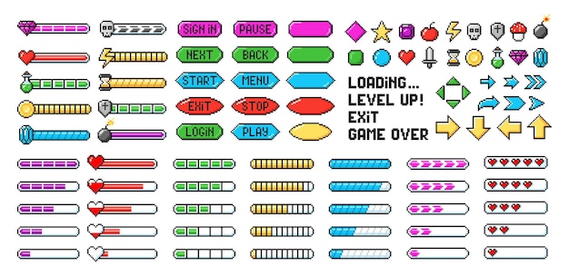 Pixel game menu resources progress bar level and buttons in 90s style Pixel art style