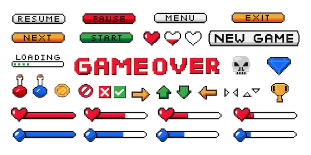 Pixel game UI 8bit interface buttons and arrows Health and mana progress bar Start or pause resume and exit icons Isolated menu sings collection Vector screen navigation set