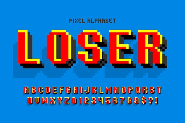 Pixel vector alphabet design, stylized like in 8-bit games. High contrast and sharp, retro-futuristic. Easy swatch color control. Resize effect.