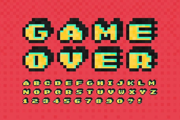 pixel vector alphabet design stylized like in 8bit games high contrast and sharp retrofuturistic