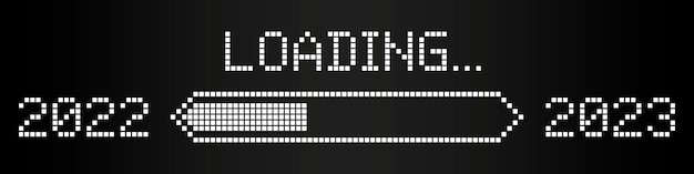 pixelated progress bar showing loading of 2023 year on black background pixel loading progress