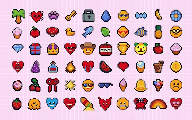 pixels y2k funny playful emoticon stickers love kiss melting smile 8bit retro style vector