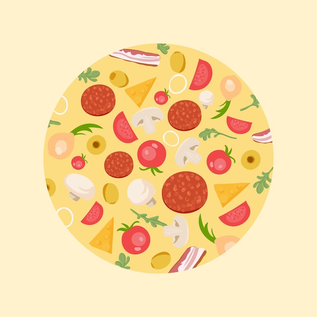 Pizza ingredients onions bacon tomatoes pepperoni herbs and mushrooms
