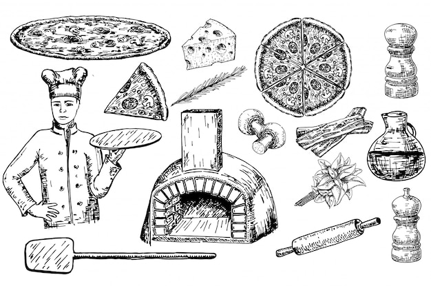 Pizza set with ingredients and kitchen utensils and oven.