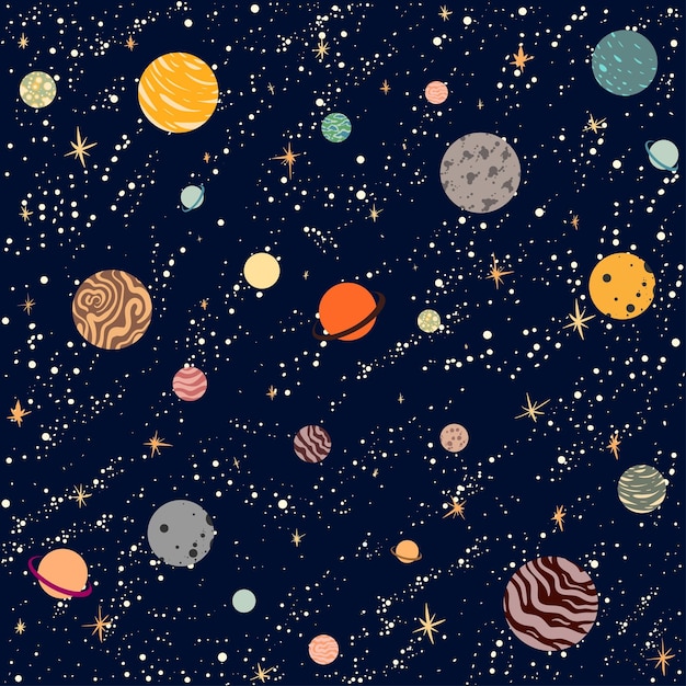 planets and stars in space on a dark background. cosmic night sky seamless patterns. constellation