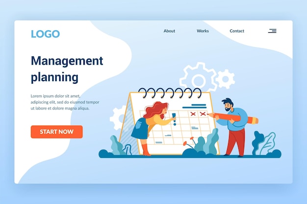 Planning landing page Time management and workflow organization concept with cartoon business people and calendar Mobile or web application Vector website interface design with buttons and text