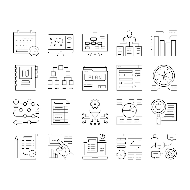 Planning work process collection icons set vector