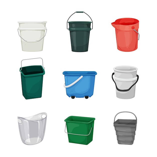 Plastic bucket container set cartoon vector illustration
