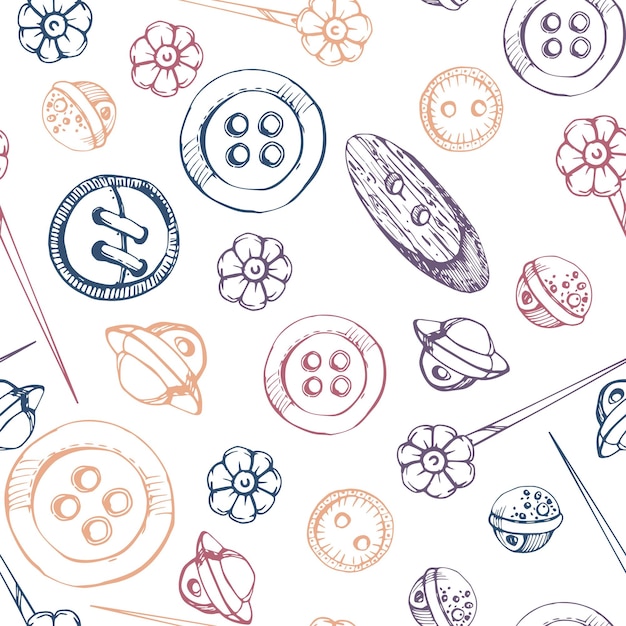 Plastic wooden flat round buttons fasteners hand drawn ink vector illustration sewing craft supplies