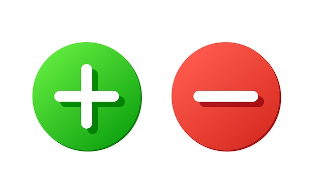 Plus and minus vector buttons red and green rounded icons