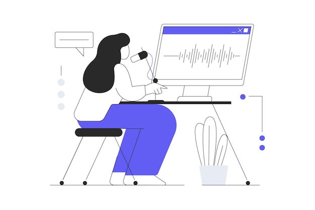 Podcast streaming Woman speaking into microphone and broadcasting live in studio recording audio