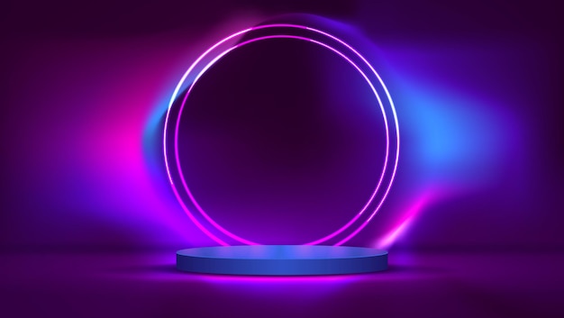 Podium or stand with line gradient neon in Scifi abstract scene with pink and blue neon frame vector rendering product display futuristic minimal scene vector design