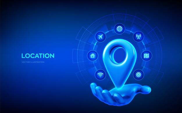 Point of location 3d icon Pointer of map in hand Navigation concept Map marker sign Gps pointer graphic element Navigation pin point global position system symbol Vector illustration