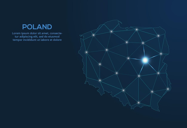 Poland communication network map Vector low poly image of a global map with lights in the form of cities Map in the form of a constellation mute and stars