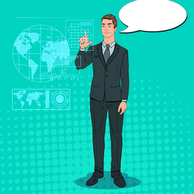 pop art businessman using virtual holographic interface. futuristic technology touchscreen. 