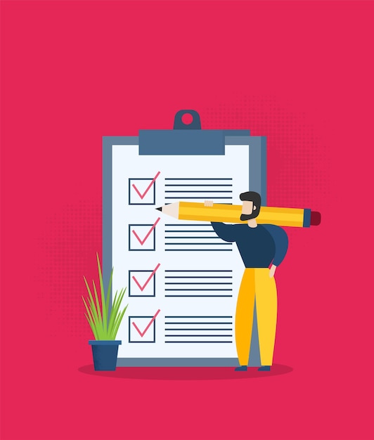 Positive business man with a giant pencil on his shoulder nearby marked checklist on a clipboard paper Illustration flat design style
