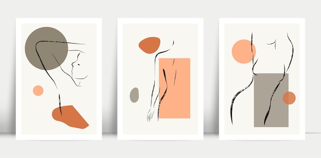 Poster design with continious woman silhouette line drawing. Brush stroke Wall hanging posters.