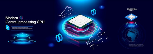powerful multicore processor for computer on futuristic background with neon hologram