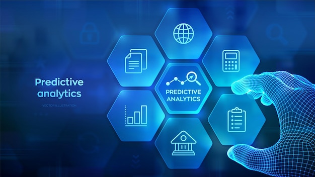Predictive analytics Big Data analysis Business intelligence technology concept Machine learning AI improvement Hand places an element in a composition visualizing predictive analytics Vector