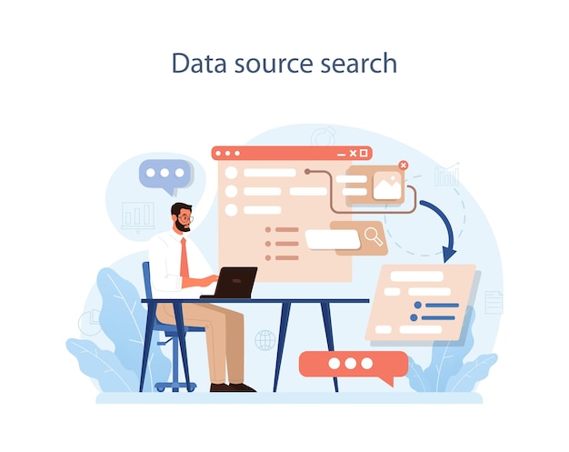 Predictive analytics Process of using data to forecast future outcome Business ideas or decisions development Character searching for a data source Outlook or forecast Flat vector illustration
