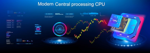 Presentation new processor for computer Microprocessor on futuristic background with HUD elements Concept banner Development of computer technologies and digital electronic devices