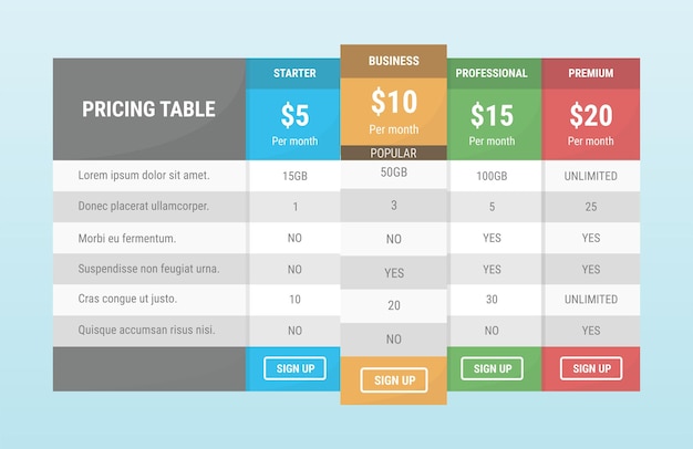Pricing table for business vector illustration on light blue background.