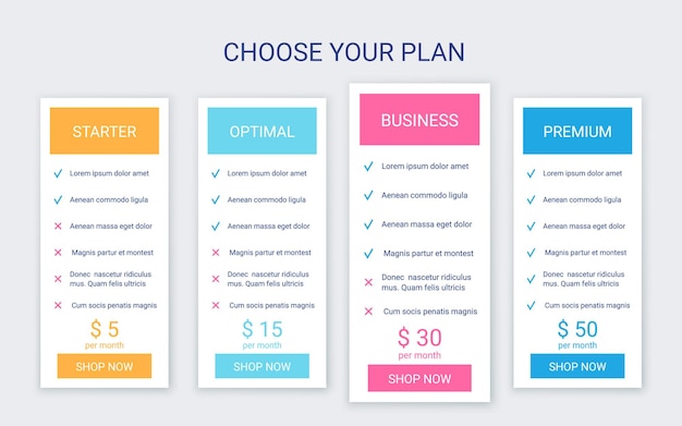 Pricing table template. Price chart grid. Comparison data plans. Vector. Spreadsheet page.