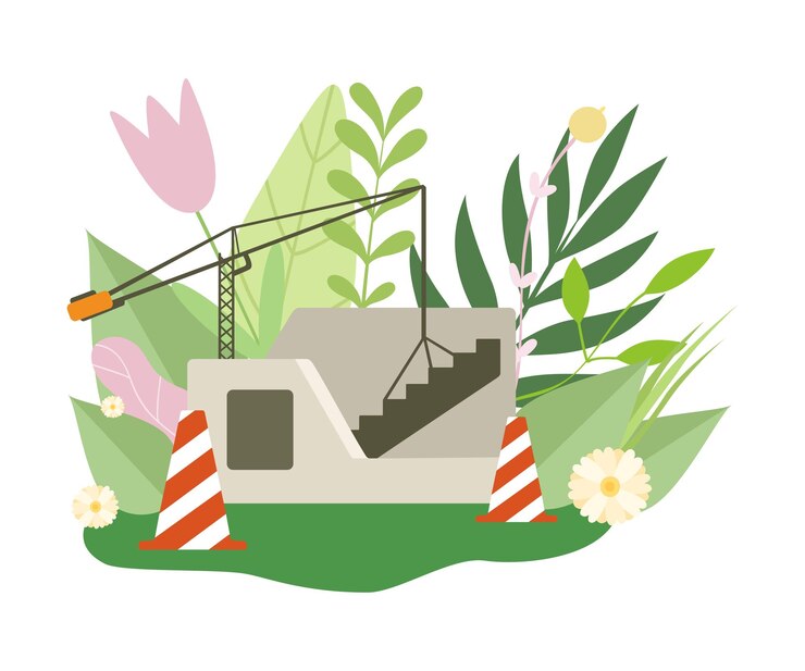 Vector process of building house building and construction crane in spring or summer season with blooming