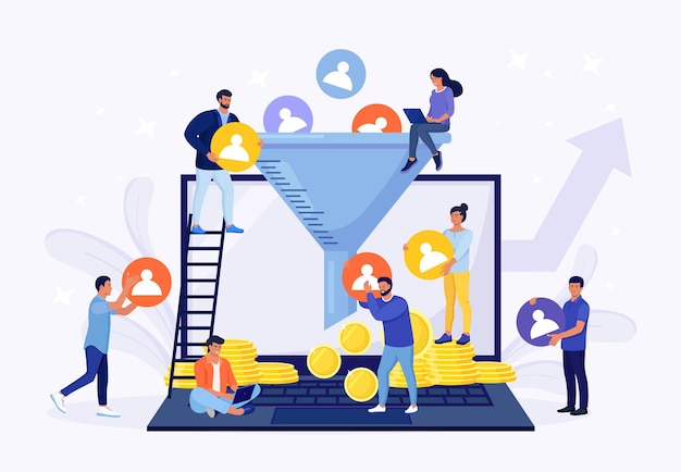 process of communication, attracting customers, followers, making profit. sales funnel of leads, prospects on laptop. business strategy. monetization tips. increasing conversion rates smm strategies