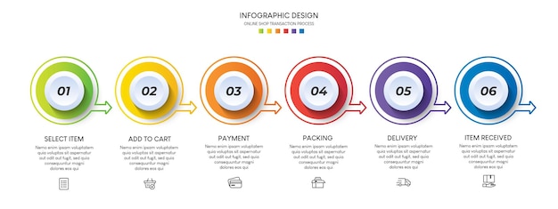 process of online shopping with 6 steps. steps business timeline process infographic template
