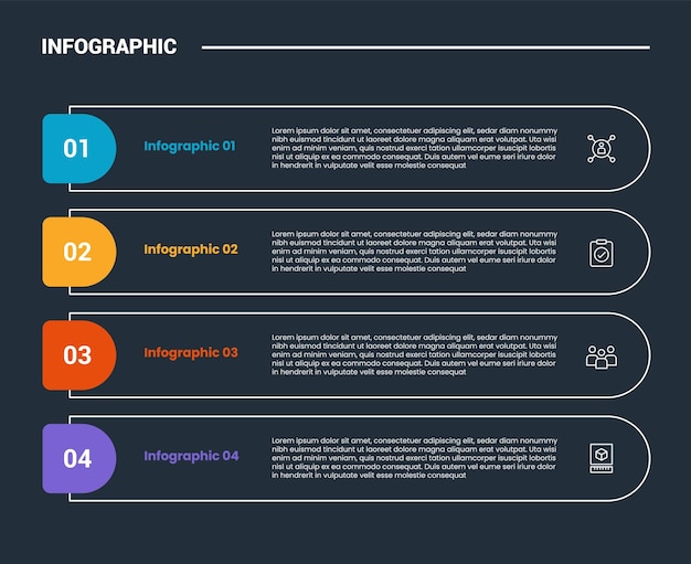 process stages workflow infographic dark outline for slide presentation with round rectangle box container in stack vertical layout with 4 point list
