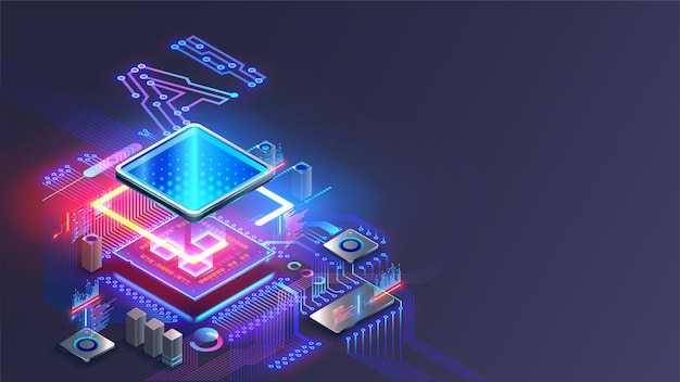 Processor with integration AI AI Letters on chip CPU connected to motherboard Artificial intelligence technology in electronic chip on pcb board Hardware tech conceptual background 3d Vector