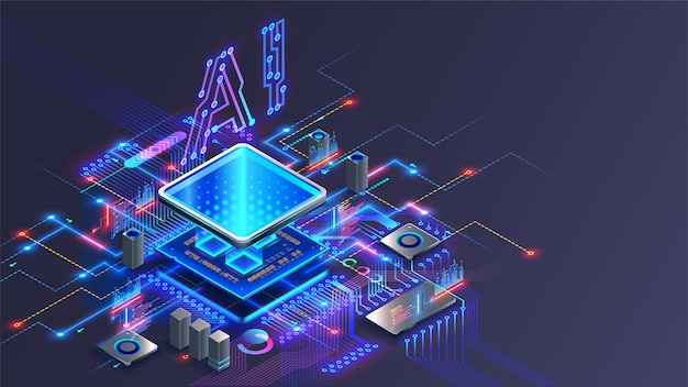 Processor with integration AI AI Letters on chip CPU connected to motherboard Artificial intelligence technology in electronic chip on pcb board Hardware tech conceptual background 3d Vector