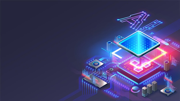 Processor with integration AI AI Letters on chip CPU connected to motherboard Artificial intelligence technology in electronic chip on pcb board Hardware tech conceptual background 3d Vector