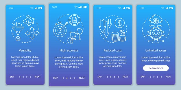 product advantages onboarding mobile app page screen with linear concepts flexibility accuracy reduced cost walkthrough steps graphic instructions ux ui gui vector template with illustrations