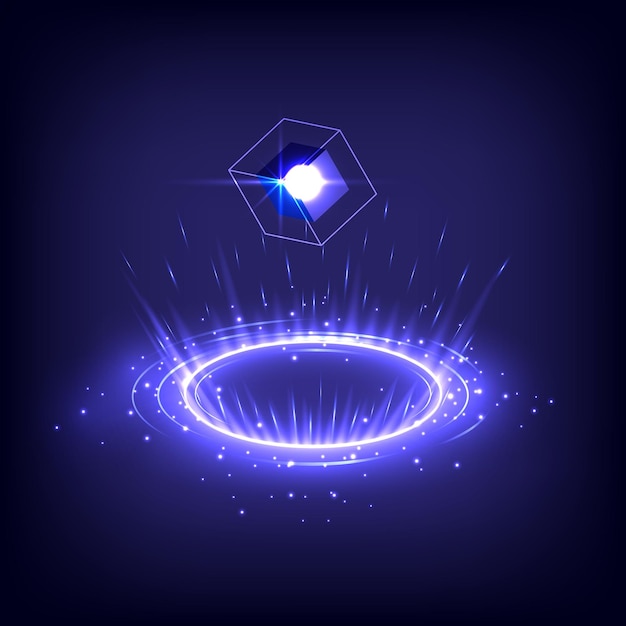 product display and showing gui and ui virtual reality portal and hologram science futuristic scifi luxury in glowing hud tech projector magic gate in game fantasy technology teleport podium