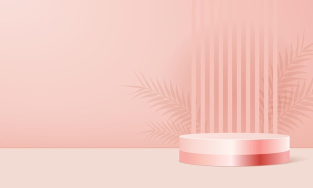 Product display stand in pink pastel with shadow leaves.