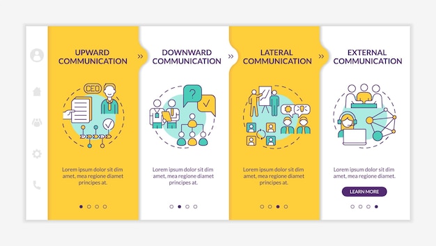 Professional communication types yellow onboarding template Organization chart Responsive mobile website with linear concept icons Web page walkthrough 4 step screens LatoBold Regular fonts used
