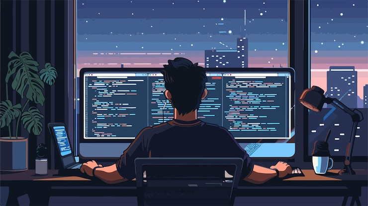 Vector professional programmer working on code screen from back view