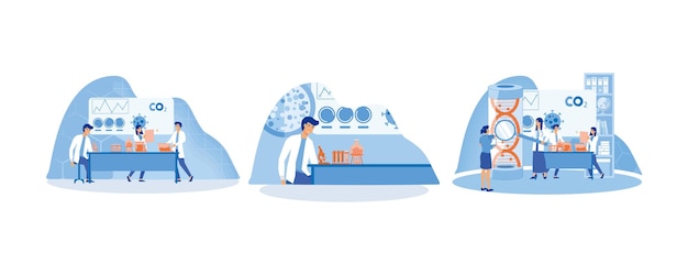 professional scientists doctors and chemical researchers working medical tests chemical laboratory analysis digital biological or experiments set flat vector modern illustration