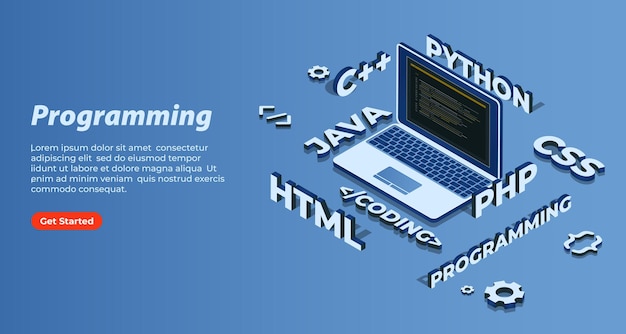 Program code on 3D isometric laptop screen, 3d text of multiple programming languages signs