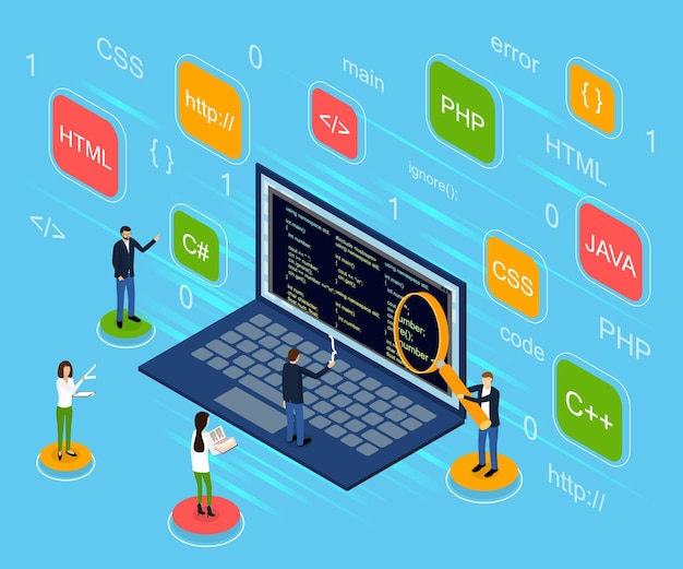 Programmer and Engineering Concept 3d Isometric View Include of Programmer Computer Developer Software and Code Elements Vector illustration
