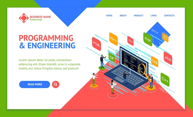 Programmer and Engineering Concept Landing Web Page Template 3d Isometric View Vector