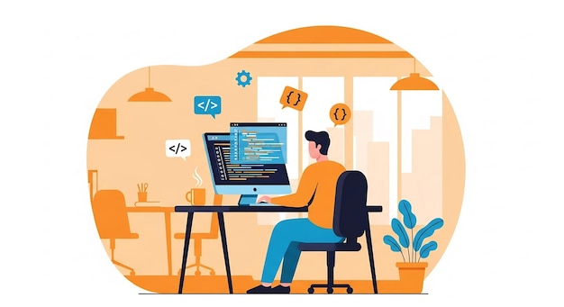 Programmer Coding at a Desk with Multiple Screens