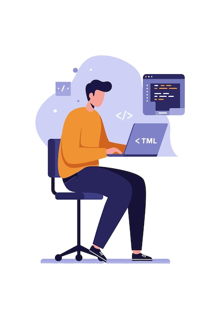 Programmer coding software development on laptop with code screen in modern workspace vector illustration